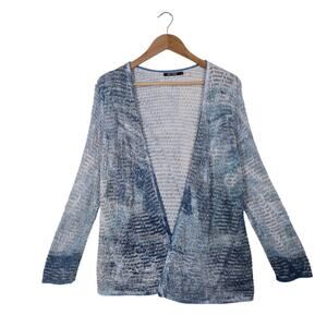 Nic & Zoe Sea Map Cardigan Sz L Blue White Loose Open knit Open Front Coastal